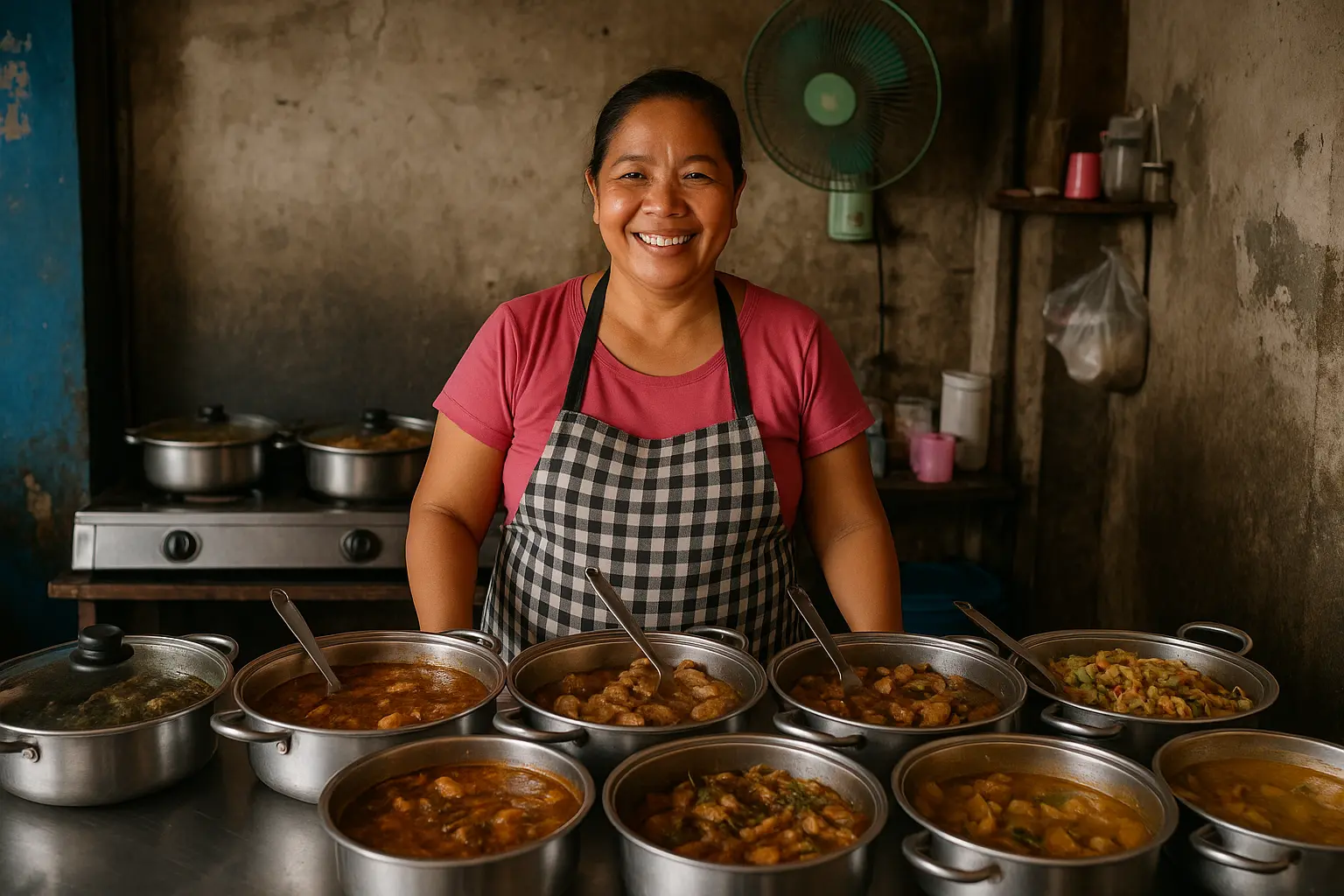 Intérieur d'une carinderia philippine avec plats maison dans des marmites