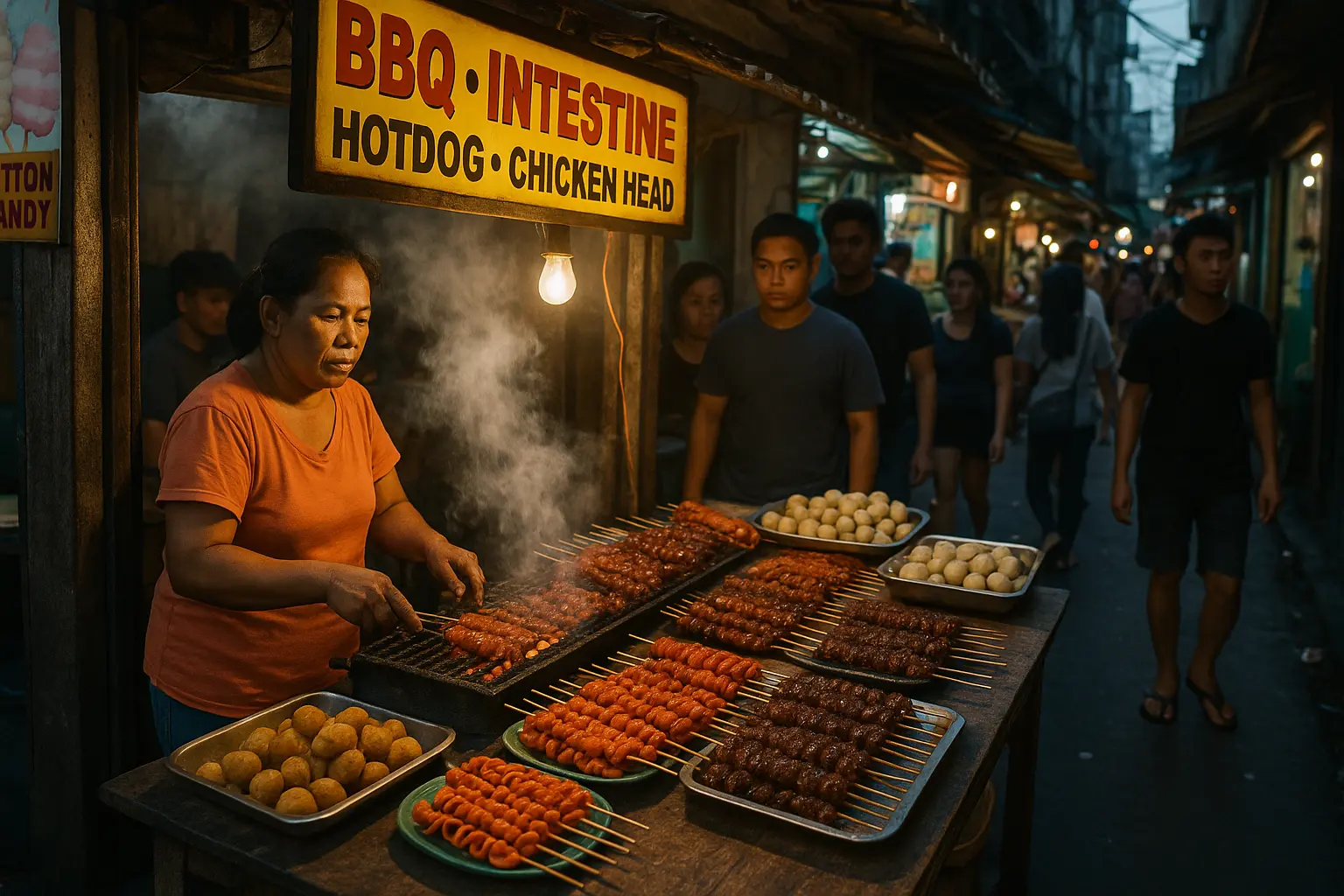 Assortiment coloré de brochettes philippine vendues dans un stand de rue en soirée