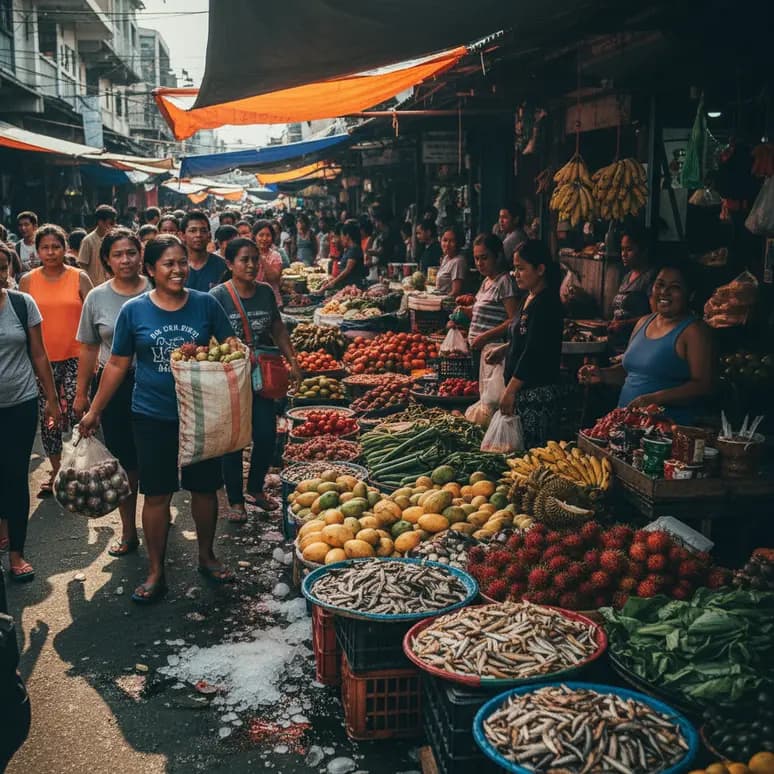 La vie quotidienne à Davao City : un marché coloré et animé.