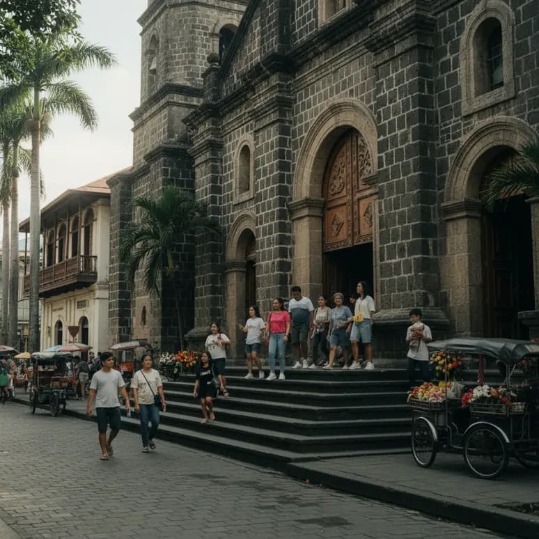 Des visiteurs decouvrent les merveilles architecturales d'une eglise de Manille.