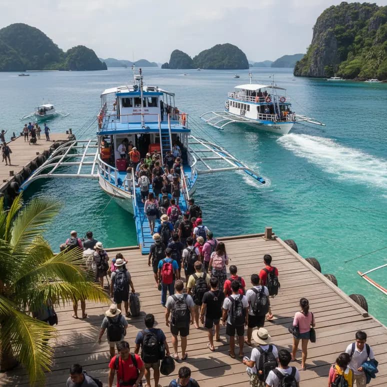 Un ferry prêt à quitter le port d'El Nido, embarquement des passagers pour Coron.