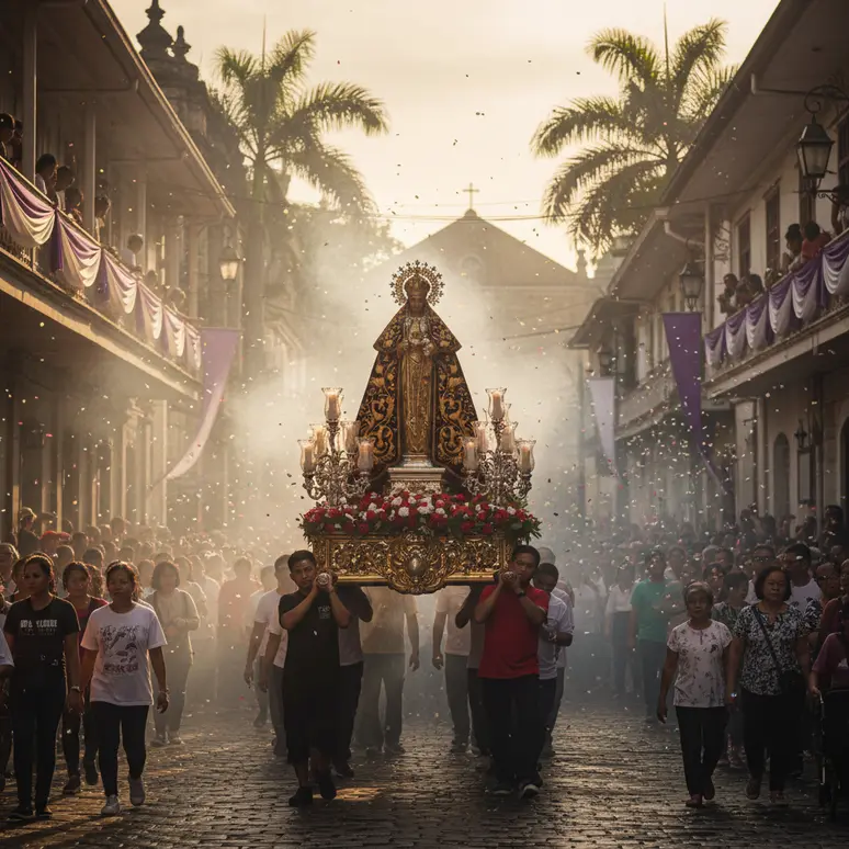 Une procession religieuse traditionnelle dans les rues de Manille, riche en couleurs et en culture.