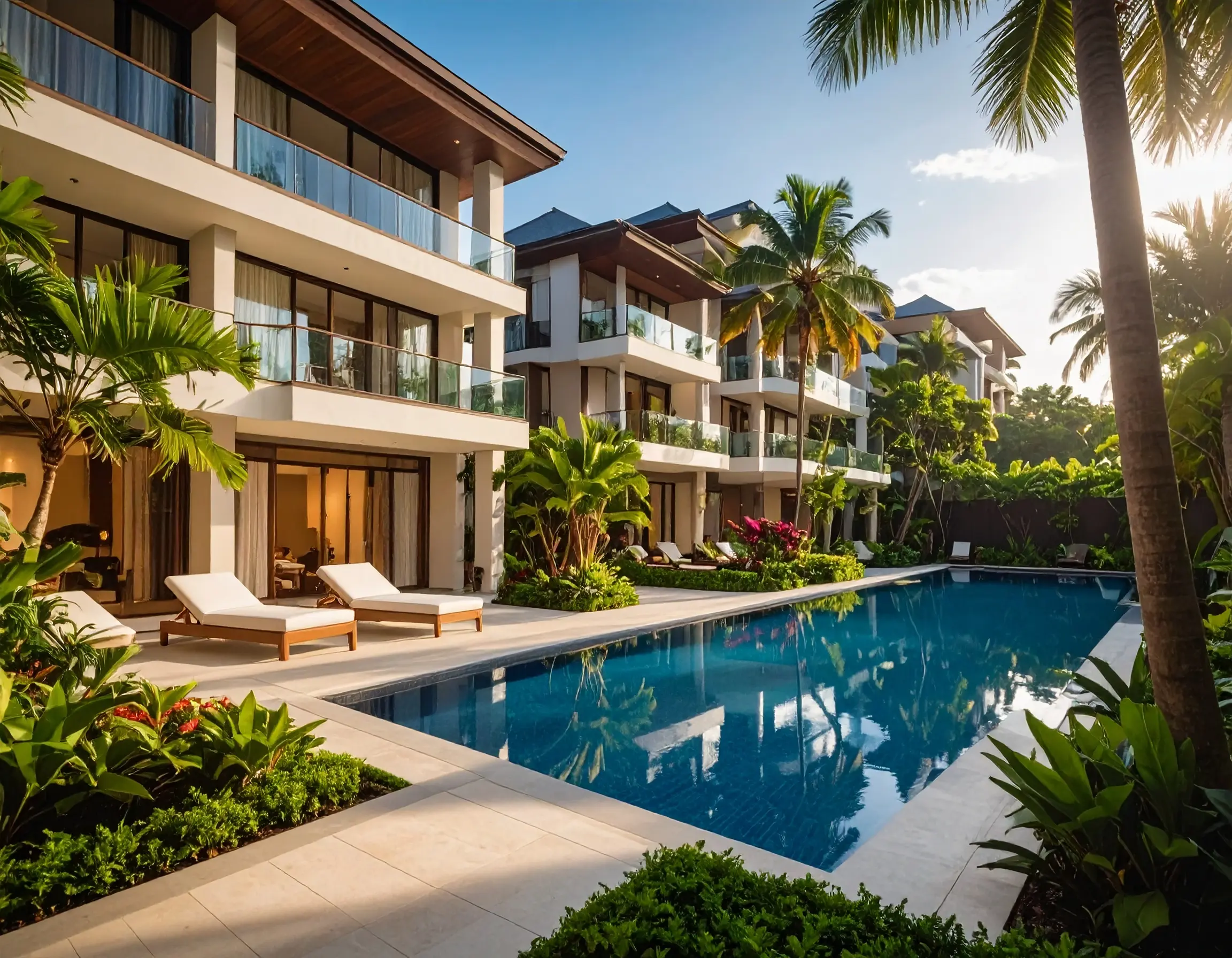 Résidence avec piscine et jardin tropical, exemple de condominium locatif aux Philippines